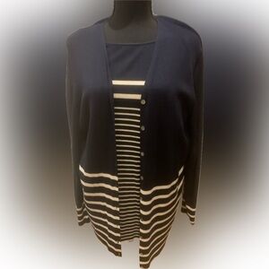 Valerie Stevens Navy and Striped Silk Blend Cardigan Sweater Set